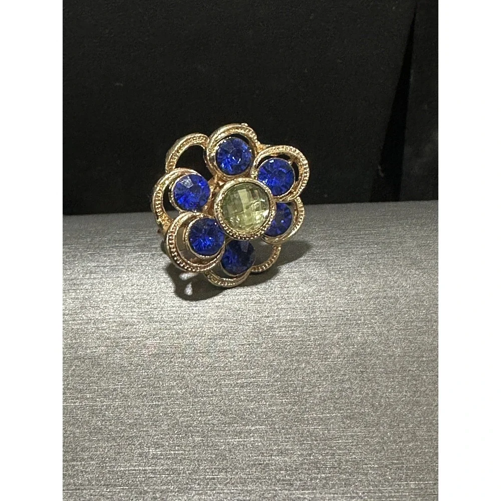 Vintage Blue Green Glass Flower Floral ‎ Adjustable Statement Ring